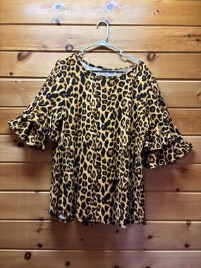 Leopard Print Ruffle Sleeve Blouse - Gold/Black